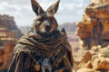 Surreal Portrait of Anthropomorphic Rabbit Warrior in Desert Landscape