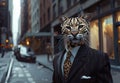 Surreal portrait of a tiger in a suit walking in an urban street