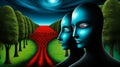 Surreal portrait of two blue humanoid faces against a vibrant landscape.