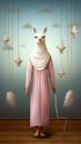 Surreal portrait of white lama in a girl dress.