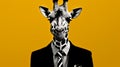 Surreal Portraiture: A Dark Yellow And Black Giraffe In A Suit And Tie