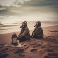 Surreal post apocalyptic scene on sea beach. Life after nuclear catastrophe concept. Two humans in radiation protection