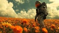A surreal, psychedelic depiction of an astronaut taking a break in a field of flowers. Royalty Free Stock Photo