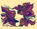 Surreal psychedelic stylized anthropomorphic face with spiral eye and many patterns, orange pink purple gradient color