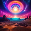 Surreal Psychedelic Trippy Desert Mountain Galaxy Landscape with Neon Celestial Large Central Halo Circle