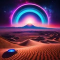 Surreal Psychedelic Trippy Desert Mountain Galaxy Landscape with Neon Celestial Large Central Halo Circle