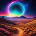 Surreal Psychedelic Trippy Desert Mountain Galaxy Landscape with Neon Celestial Large Central Halo Circle