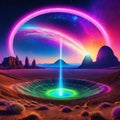 Surreal Psychedelic Trippy Desert Mountain Galaxy Landscape with Neon Celestial Large Central Halo Circle