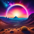 Surreal Psychedelic Trippy Desert Mountain Galaxy Landscape with Neon Celestial Large Central Halo Circle