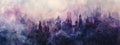 A surreal purple cityscape draped in ethereal smoke, blurring the boundaries between reality and imagination. watercolor painting