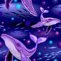 Humpback Whale Purple Surreal Underwater Creature Vector Seamless Pattern