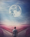 Surreal purple world with a person following the full moon, arrives in front of a crossroad, has to choose the correct way, left Royalty Free Stock Photo