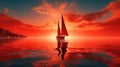 Surreal Red Sailboat On Water: Luminous Reflections In Exotic Landscape
