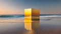 Surreal Reflection of a Golden Cube on a Sea Shore at Sunset Royalty Free Stock Photo