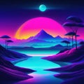 Surreal retro futurism abstract landscape with water in colorful neon