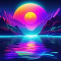 Surreal retro futurism abstract landscape with water in colorful neon