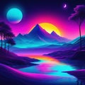 Surreal retro futurism abstract landscape with water in colorful neon