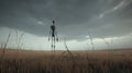 Surreal Robotic Giant In Moody Field: Eerily Realistic Metal Sculpture