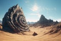 Surreal rock vortex formation. Fictional coiled stones in the desert mountains. Generated AI.