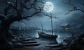 Surreal romantic moonlit riverfront a pier in the cold fog with a barren tree Generative AI