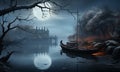 Image romantic moonlit riverfront in the cold fog Generative AI