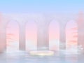 A surreal romantic podium in the ocean with clouds at a pink sunset. Antique arches and palm trees near the pedestal. 3D render