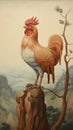 Surreal Rooster Painting On Rock: Muted Tones, Monumental Scale, Chinese Iconography