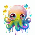 Surreal sad octopus with dripping paints. Generative AI