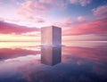 Surreal Salt Cube in Serene Lake at Sunset. Generative AI