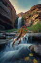 Majestic Desert Scorpion Over Waterfall in Canyon Royalty Free Stock Photo