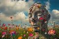 A surreal scene depicting a field of vibrant flowers blooming around a broken human sculpture, symbolizing life emerging