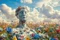 A surreal scene depicting a field of vibrant flowers blooming around a broken human sculpture, symbolizing life emerging