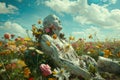 A surreal scene depicting a field of vibrant flowers blooming around a broken human sculpture, symbolizing life emerging