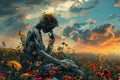 A surreal scene depicting a field of vibrant flowers blooming around a broken human sculpture, symbolizing life emerging