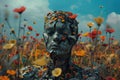 A surreal scene depicting a field of vibrant flowers blooming around a broken human sculpture, symbolizing life emerging