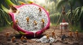 Miniature workers harvest giant dragon fruit in a surreal jungle Royalty Free Stock Photo