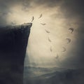 Surreal scene, determined man jumping from the edge of a cliff, fighting his fears, being confident the wings will unfold in