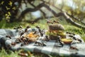 A surreal scene: enormous ants gather around a checkered blanket in a sunlit park, feasting on sandwiches and fruit.