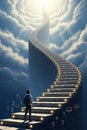 A surreal scene features a young man standing at the base of a massive, spiraling staircase generative ai Royalty Free Stock Photo