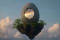 Surreal Floating Egg with Hole Revealing Sunset and Trees in a Dreamlike Sky Royalty Free Stock Photo