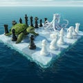A surreal scene featuring a giant chessboard made of ice floating on the ocean. A Royalty Free Stock Photo