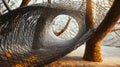 A surreal scene featuring a mesh wire spiral tunnel intertwined among tree trunks