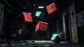 A surreal scene of floating dice in an abandoned setting, evoking a sense of mystery Royalty Free Stock Photo