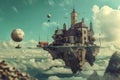 A surreal scene with a floating island hovering in the middle of the sky, Craft a surreal scene featuring floating piercing