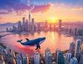 Orca Floating Above City Skyline at Sunset Royalty Free Stock Photo