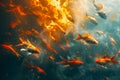 Surreal Scene of Goldfish Swimming with Vivid Flames and Water Swirls in a Mystical Underwater Fire