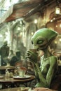 A surreal scene, a green-skinned extraterrestrial casually sips coffee at a bustling cafÃ