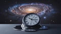 A surreal scene with a melting clock and a distant galaxy, representing the fluidity of time Royalty Free Stock Photo