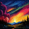 Surreal scene of a meteor shower in vibrant and colorful art style