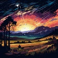 Surreal scene of a meteor shower in vibrant and colorful art style